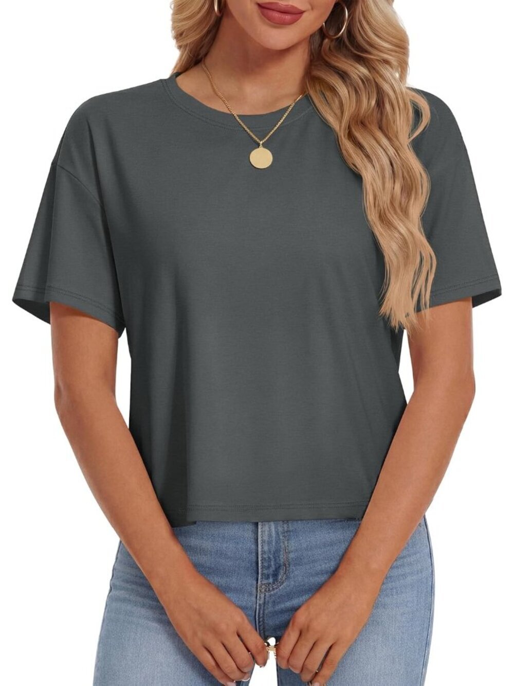 Women's Dark Gray Short Sleeve Round Neck Summer Casual Loose Cotton Crop Tops